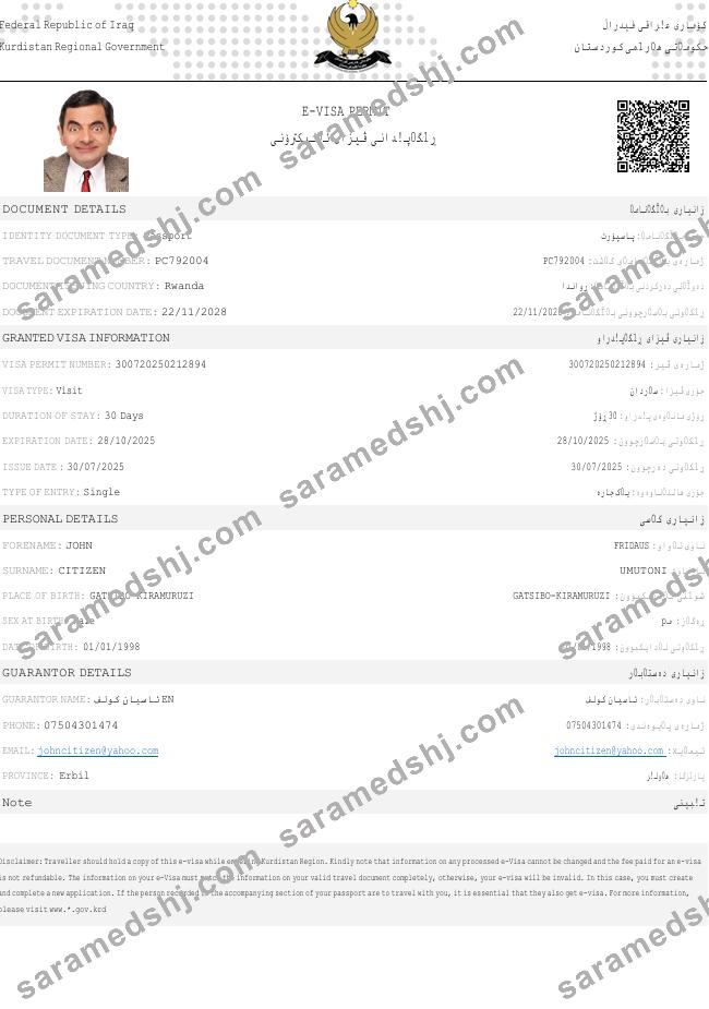Iraq e-visa template in Word and PDF formats